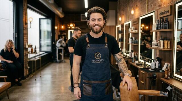 Barber standing in the Beauty Salon studio, apron branded with the salon's crest