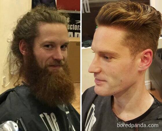 Before and after: long wavy hair and a full beard transformed into a short textured crop with a neatly trimmed beard