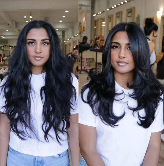Before and after: long wavy black hair styled into voluminous layered curls with face-framing pieces