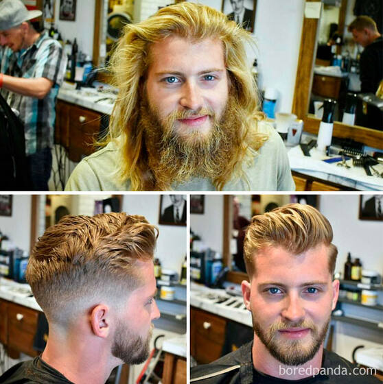 Before and after: long blonde hair and a full beard transformed into a short textured cut with a clean fade