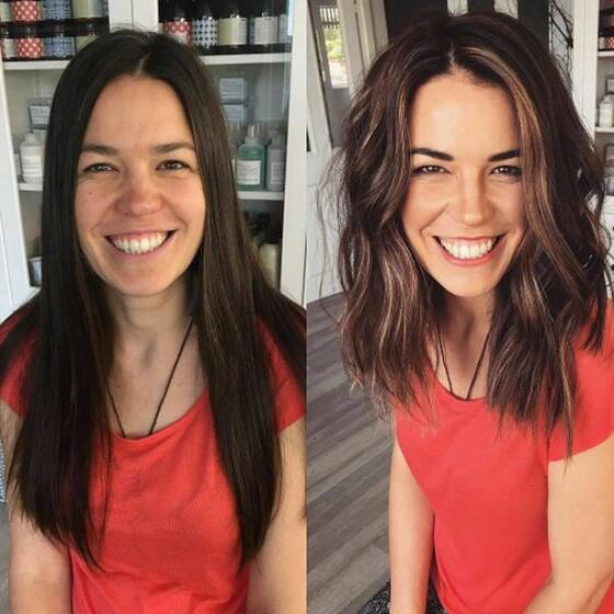 Before and after: long straight dark hair transformed into a shoulder-length wavy cut with warm highlights