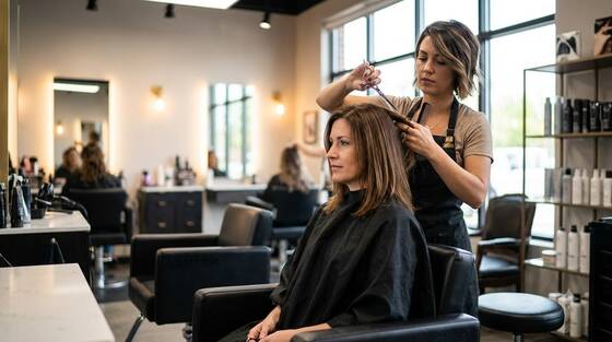 A stylist cutting a client's hair at a styling station inside the salon