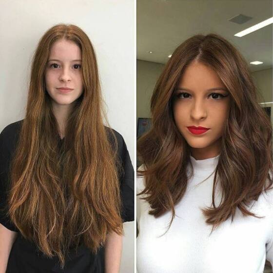 Before and after: long red hair transformed into a shoulder-length wavy brunette cut